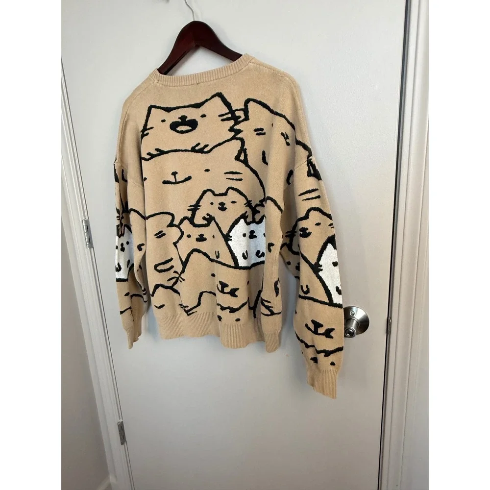 Cat Graphic Knit Sweater Tan Oversized Crewneck Feline Print XL Y2K Quirky